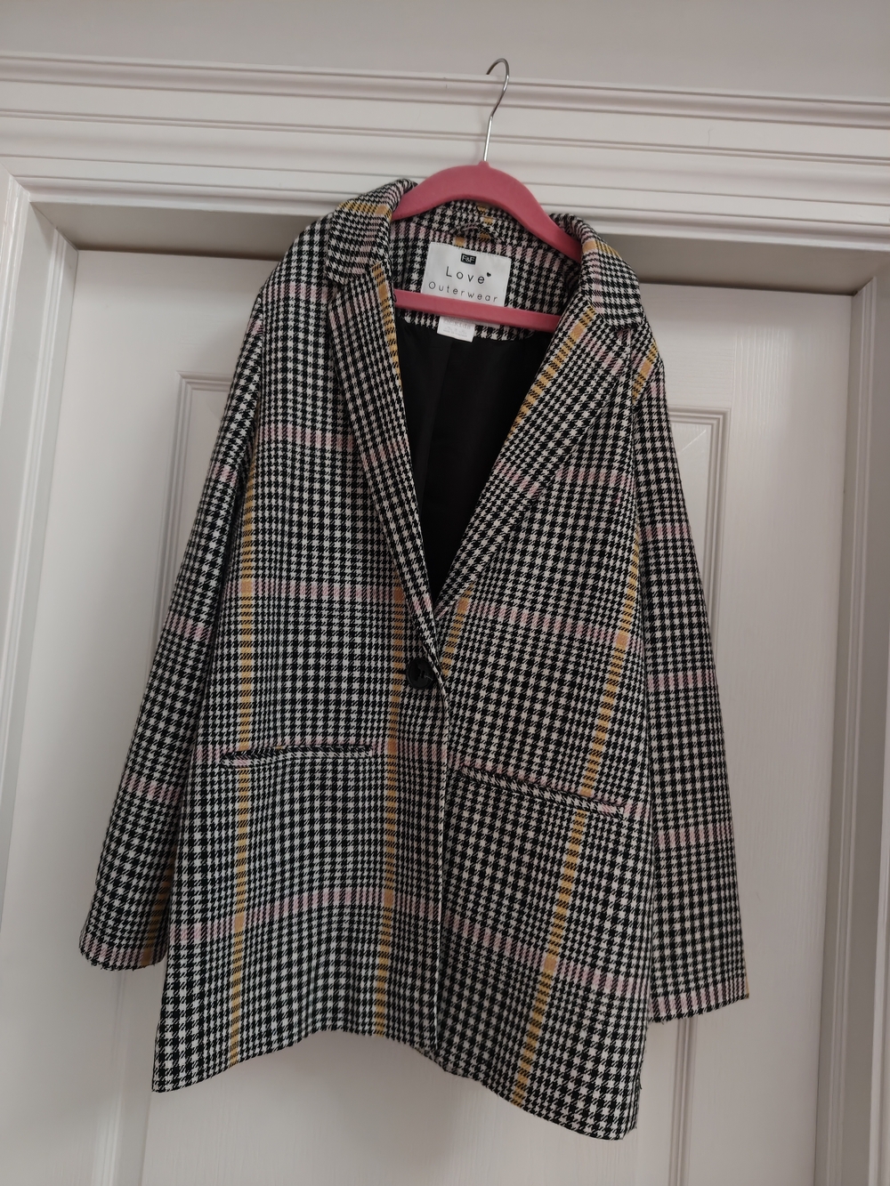 F&F Black Houndstooth Blazer Coat with Pink & Yellow Windowpane